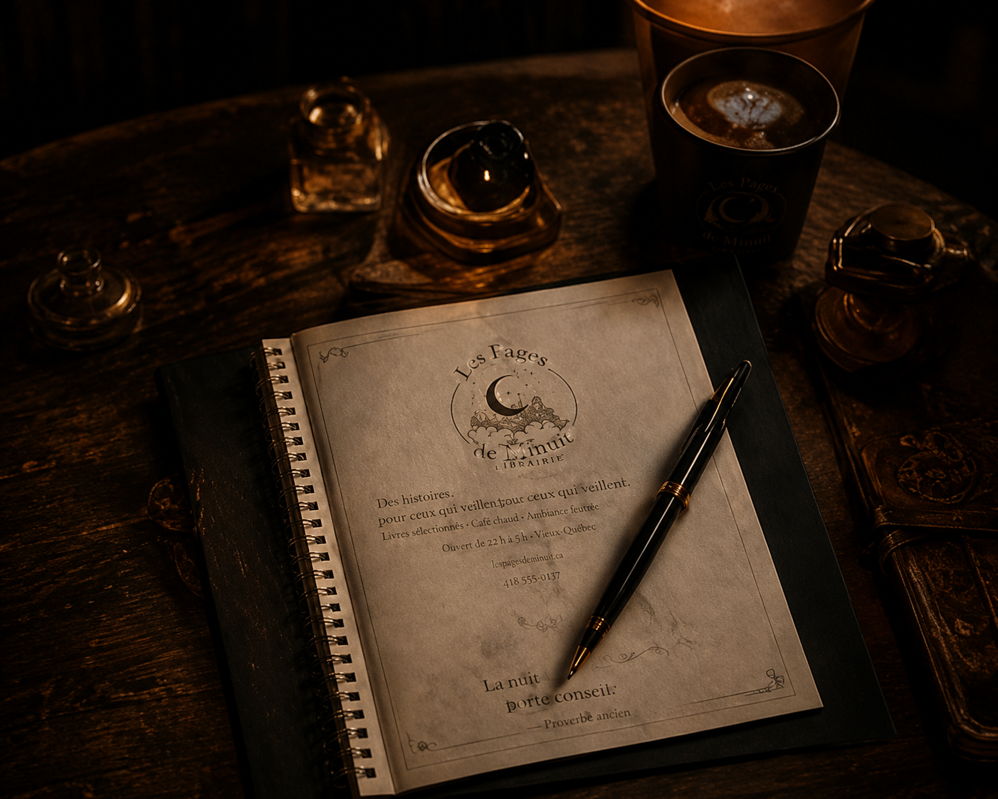 Carnet ouvert, tasse chaude et stylo