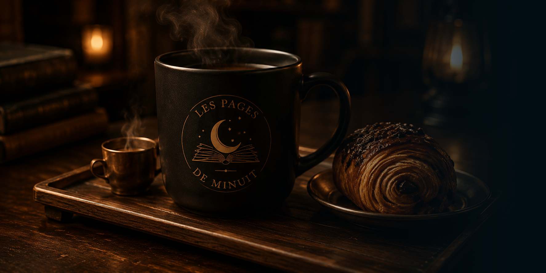 Tasse chaude et pâtisserie servies au salon des Pages de Minuit